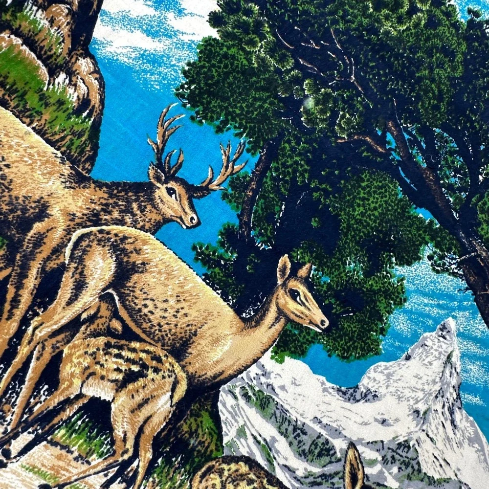 Vintage Velvet Wall Hanging Deer Family Mountain Landscape Blue Green Excellent